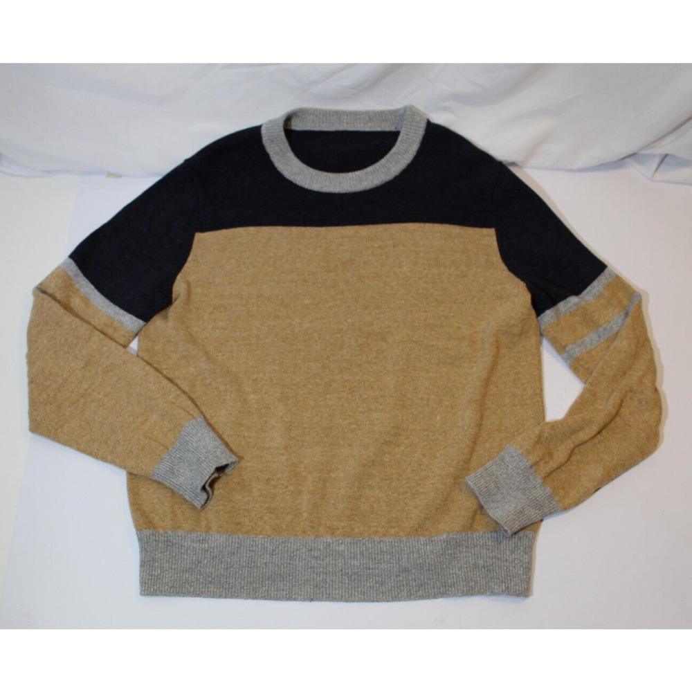 J Crew Tan Gray Black Color Block Knit Sweater Crewneck Men's L/XL Wool Blend